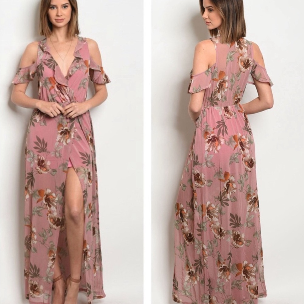 Floral print mauve ruffle detail maxi dress